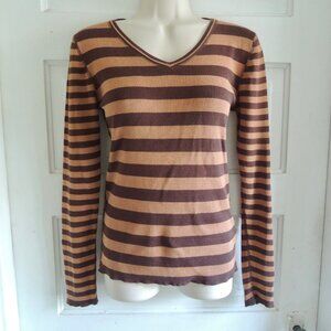 Anthro One Girl Who Brown & Tan Silk Blend Striped Jersey Top S